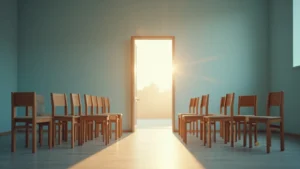 Empty room with two rows of wooden chairs facing an open door as bright sunlight pours in.
