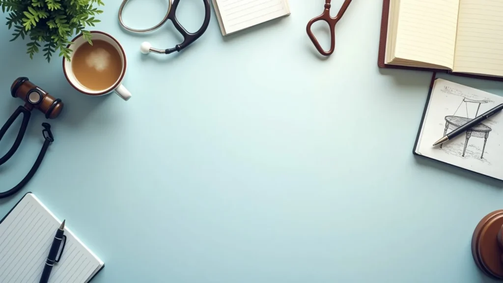 Flat lay of a light blue desk with a stethoscope, coffee mug, plant, gavel, open notebook, and a sketch of a chair on the right side