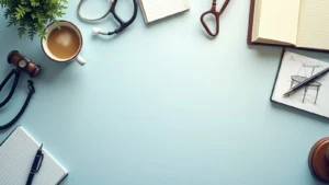 Flat lay of a light blue desk with a stethoscope, coffee mug, plant, gavel, open notebook, and a sketch of a chair on the right side