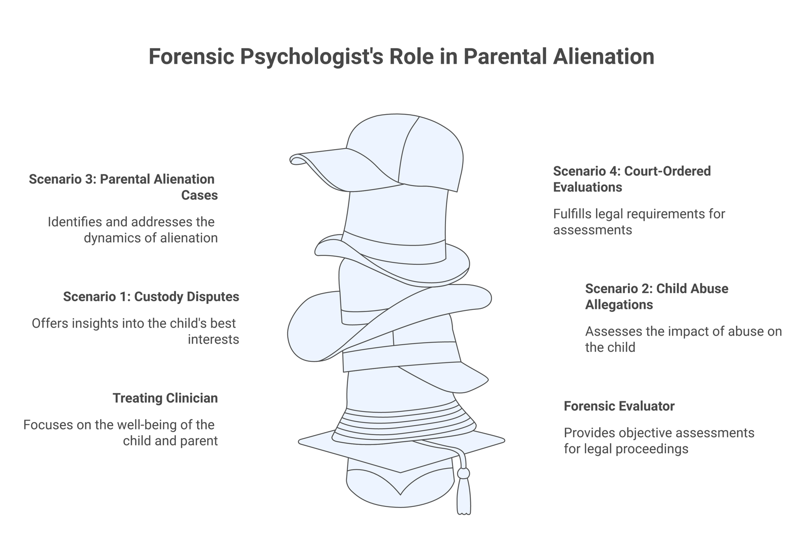 A forensic psychologist's role map in parental alienation matters, showing the boundary between treating clinician and forensic evaluator and the four scenarios in which forensic input is sought.