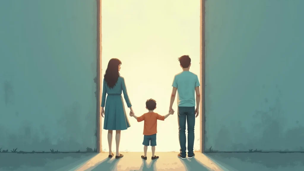 Family of three (mother, father, young child) holding hands and stepping into a bright doorway.