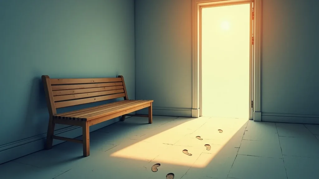 Wooden bench along a teal wall as warm sunlight streams through an open door, footprints trail across the floor toward the light.