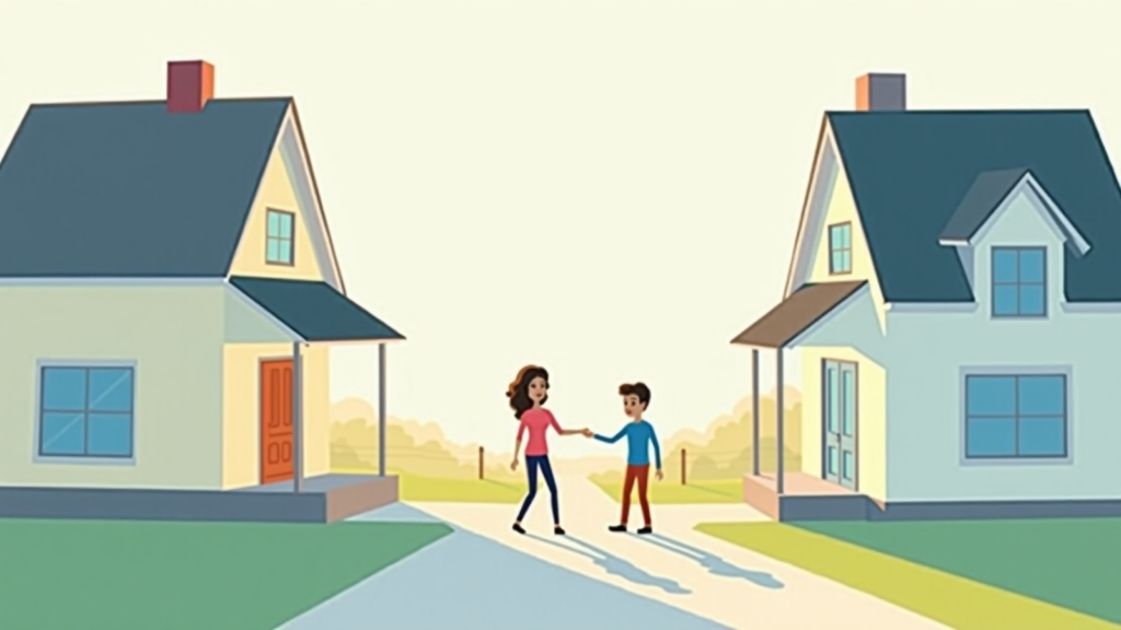 Cartoon couple shakes hands on a sunny suburban street between two houses.