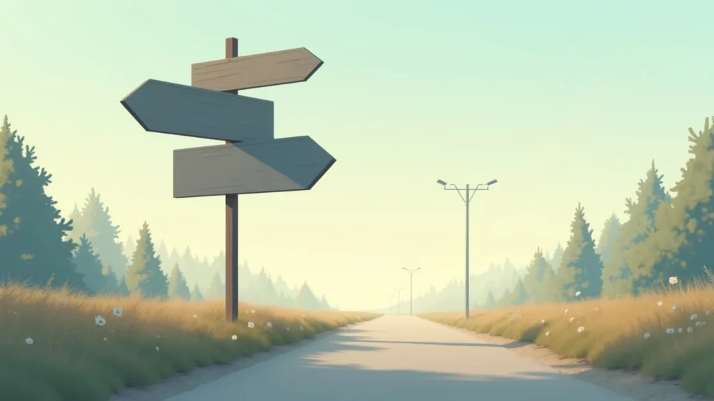 Three blank wooden signs on a post beside a sunlit country road, with tall grasses and pine trees.
