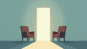 Two red armchairs facing each other with a bright doorway between them in a dim room.
