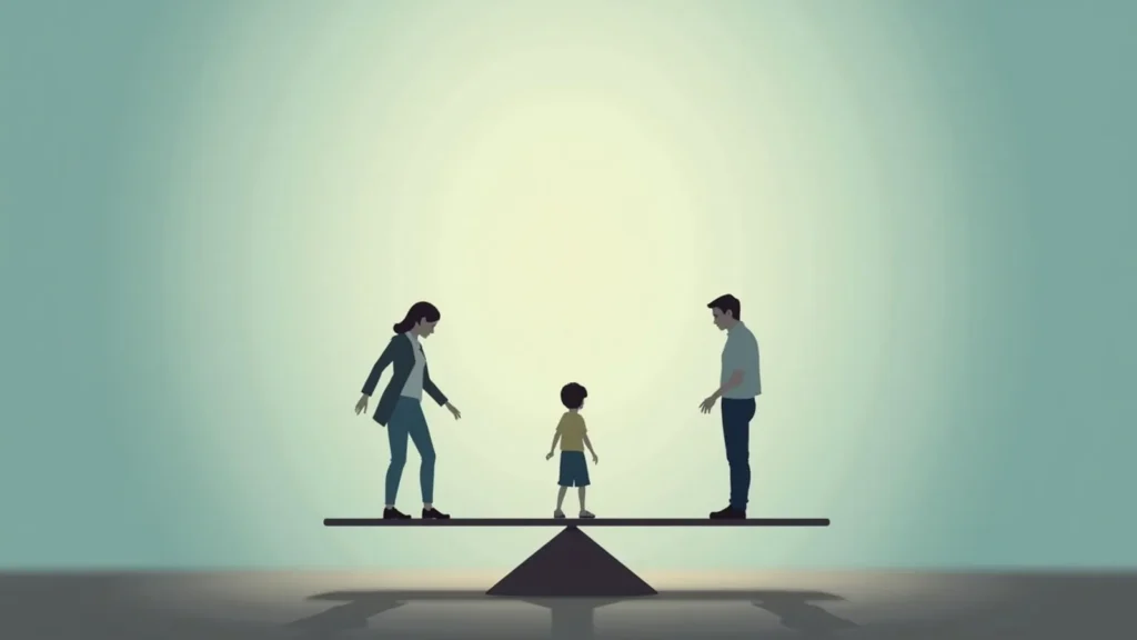 Illustration of a family—a woman, child, and man—standing on a seesaw-like balance beam, symbolizing work‑life balance.
