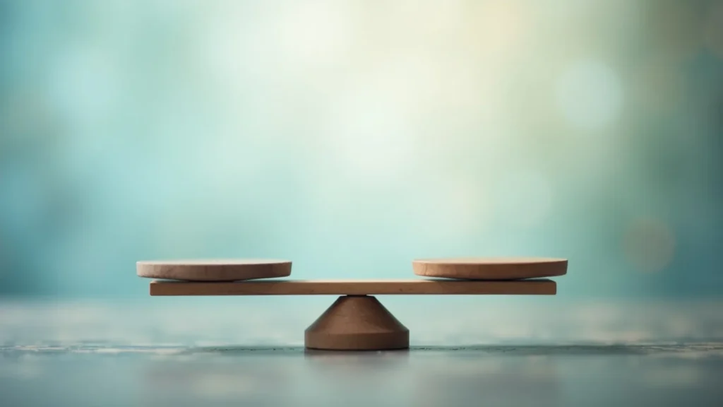 Wooden balance scale with two round plates on a central fulcrum, against a soft teal background.