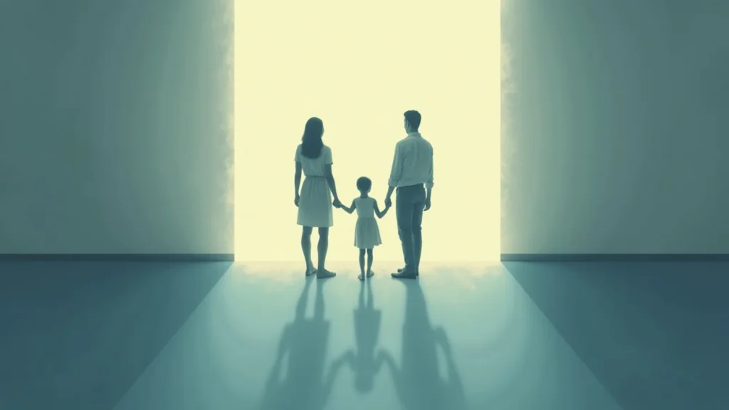Family of three (mother, father, child) holding hands and facing a bright doorway from behind, casting long shadows on the floor.