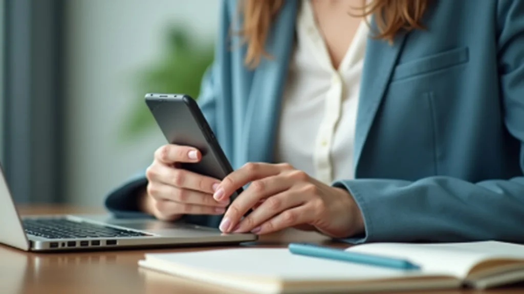 Person in a teal blazer using a smartphone at a desk with a laptop and notebook nearby.