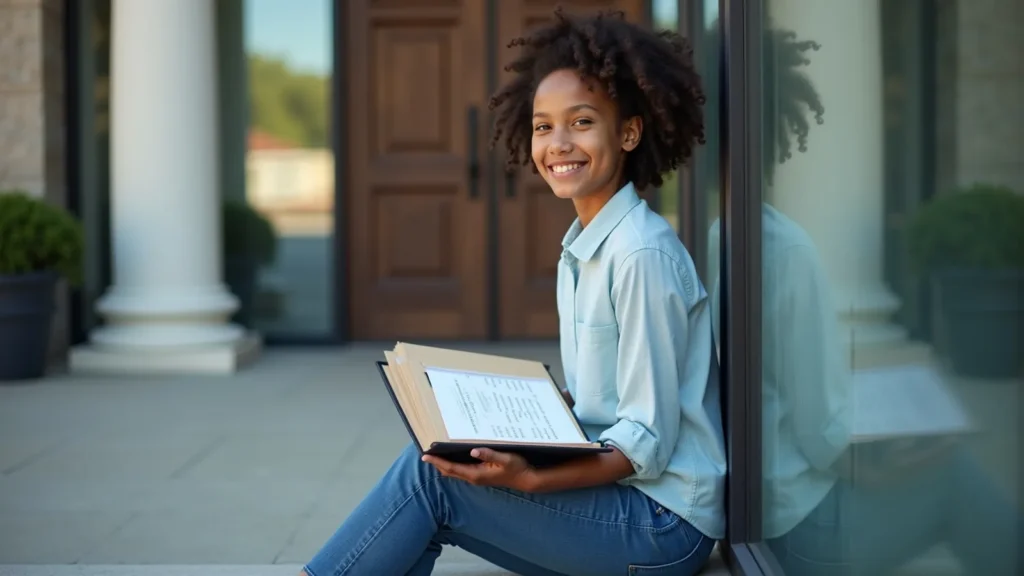 Smiling girl sits on the steps outside a building, reading an open notebook toward the camera.