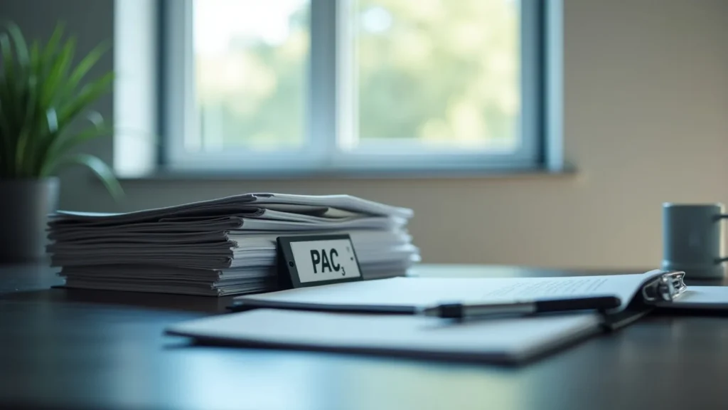 Desk with a tall stack of papers and a binder, a placard reading PAC3 in front, by a sunlit window.