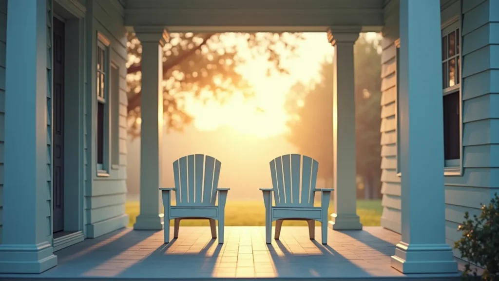 Two blue Adirondack chairs on a porch at sunset, with warm light and long shadows.