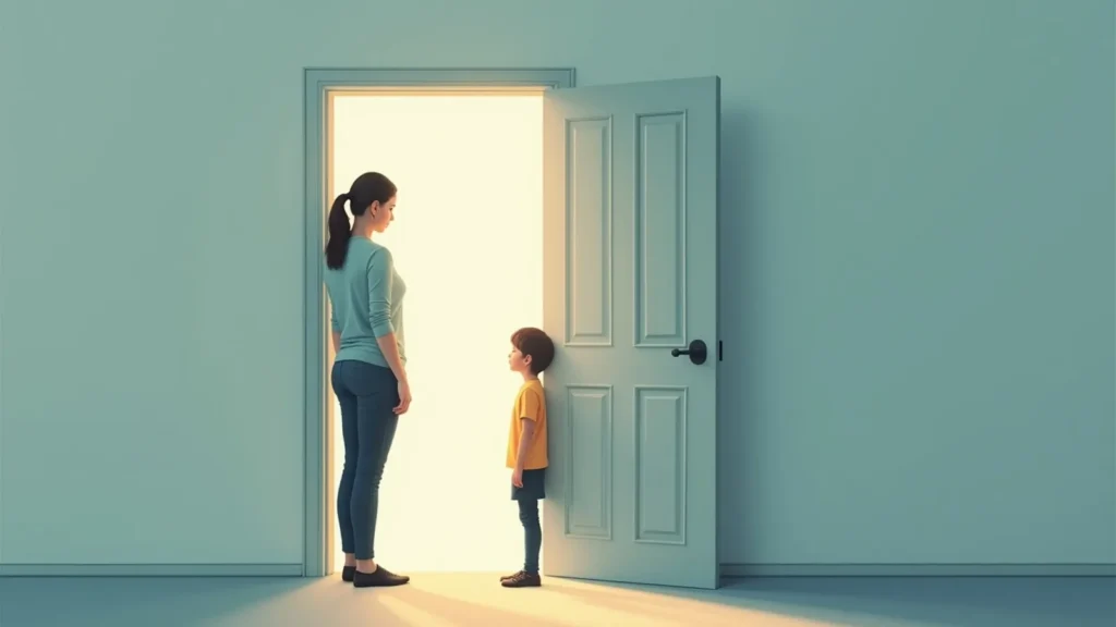 Mother and young child stand facing each other in an open doorway, sunlight flooding in, suggesting guidance or a new beginning.