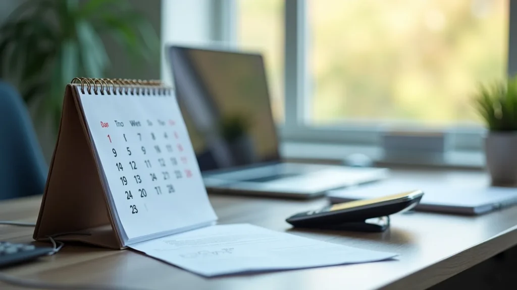 Desk with a small desk calendar propped up, several papers, a laptop, and a calculator on a bright office desk near a window.