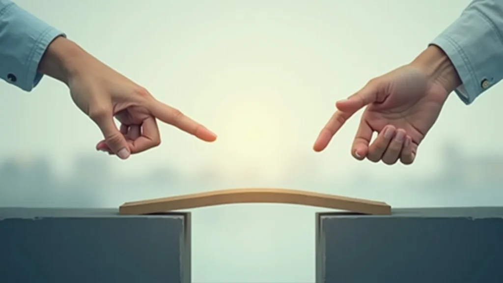 Two hands extend toward a curved wooden bridge spanning a gap between two blocks, symbolizing collaboration.