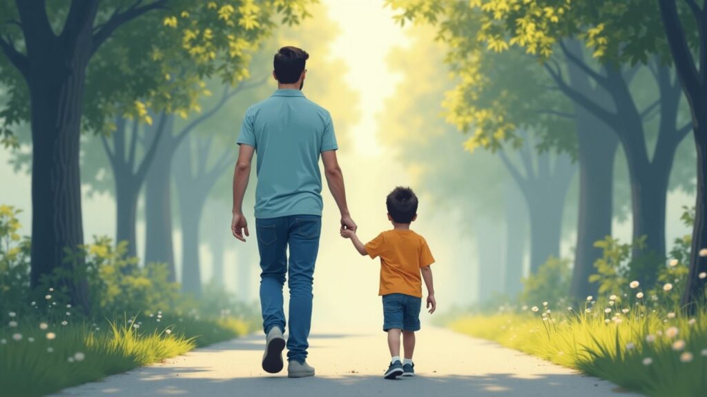 Man and young boy holding hands while walking down a sunlit forest path. The man wears a light blue shirt and jeans, the boy an orange shirt.