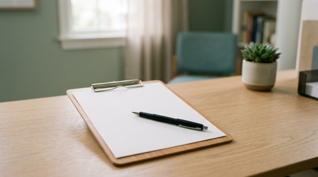 Blank clipboard and pen on a desk in a calm clinician's office, representing clinical assessment of parental alienation