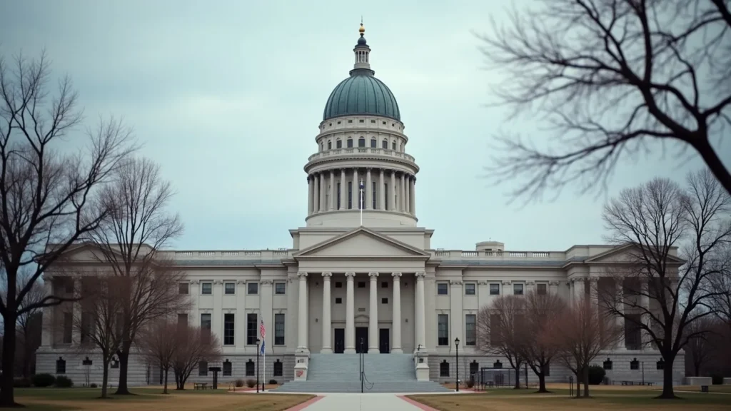 Front view of a grand capitol-style building with a large green dome, classical columns, and wide stairs, framed by bare trees on a park lawn.