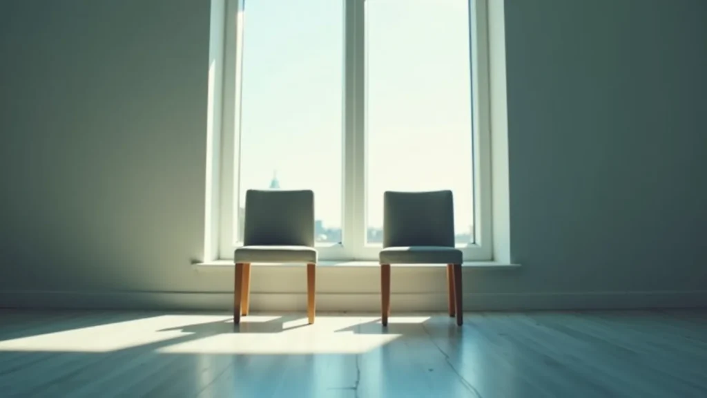 Two small chairs with wooden legs sit in a sunlit room beside a tall window.