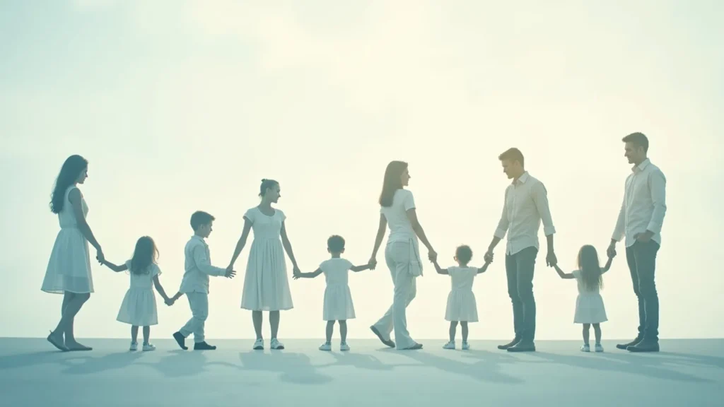 Family of adults and children holding hands in a long line outdoors, facing each other in soft light.