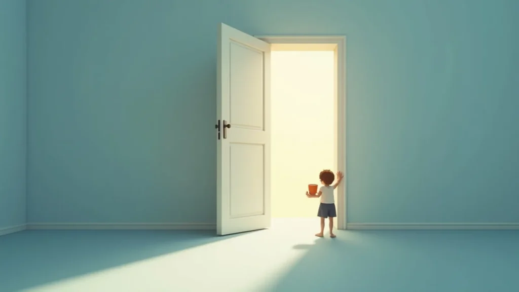 A small child in a pale blue room stands at a doorway, holding an orange cup as a bright light pours in from the open door.