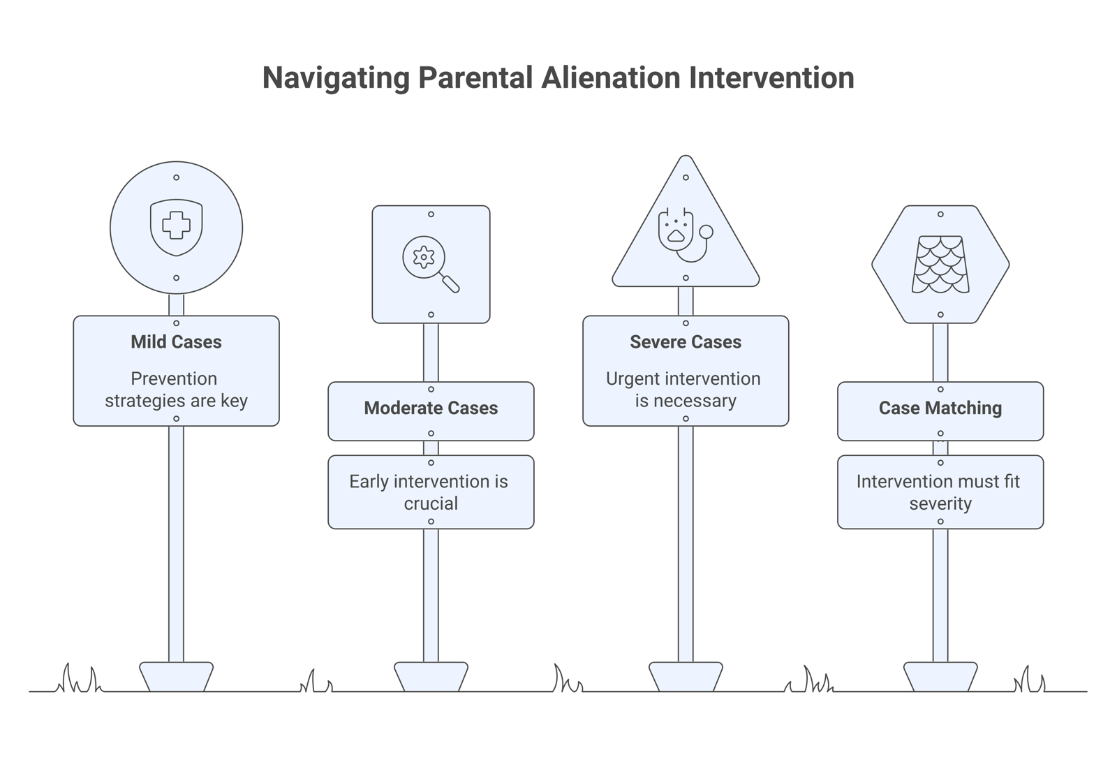 Continuum from prevention to early, urgent, and critical parental alienation intervention, matched to mild, moderate, and severe cases.