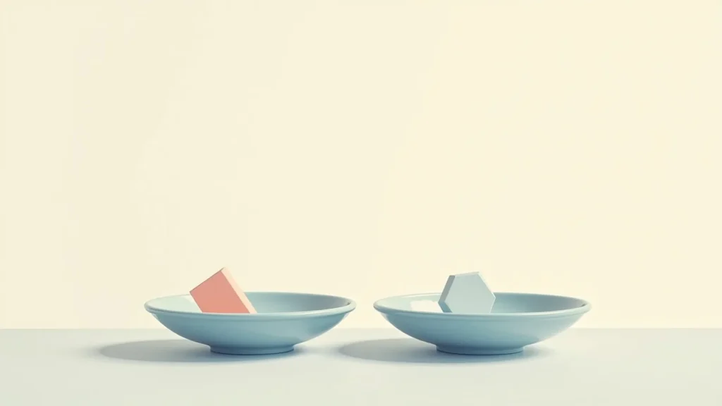 Two light-blue bowls on a pale surface; pink square sits in the left bowl and a blue hexagon in the right one.