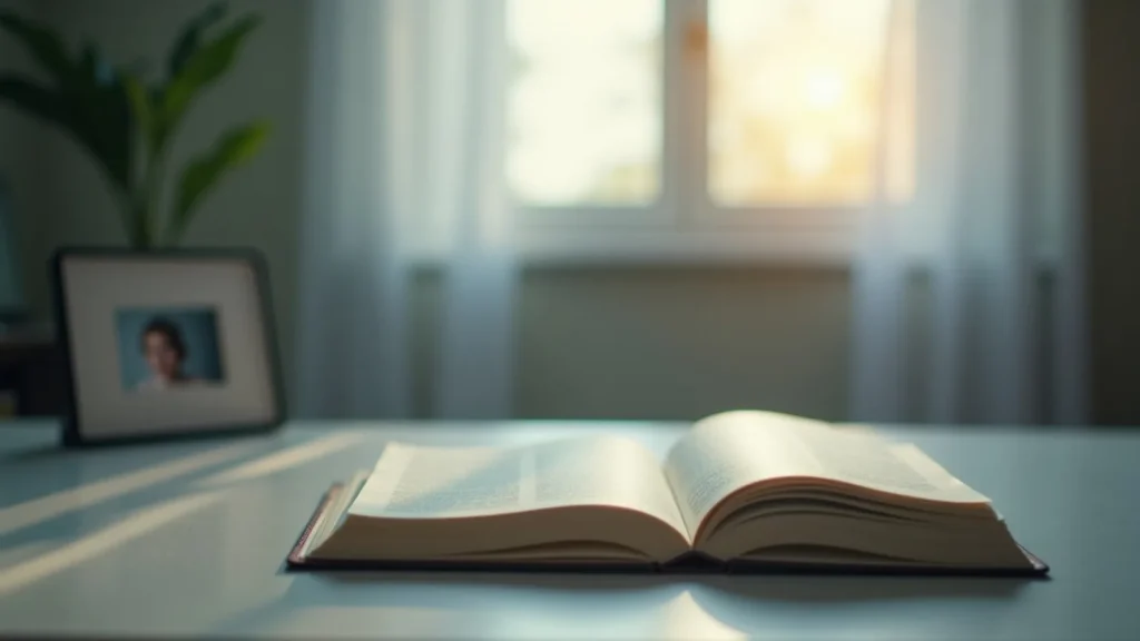 Open book on a white desk bathed in warm sunlight, with a blurred photo frame in the background.