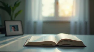 Open book on a white desk bathed in warm sunlight, with a blurred photo frame in the background.