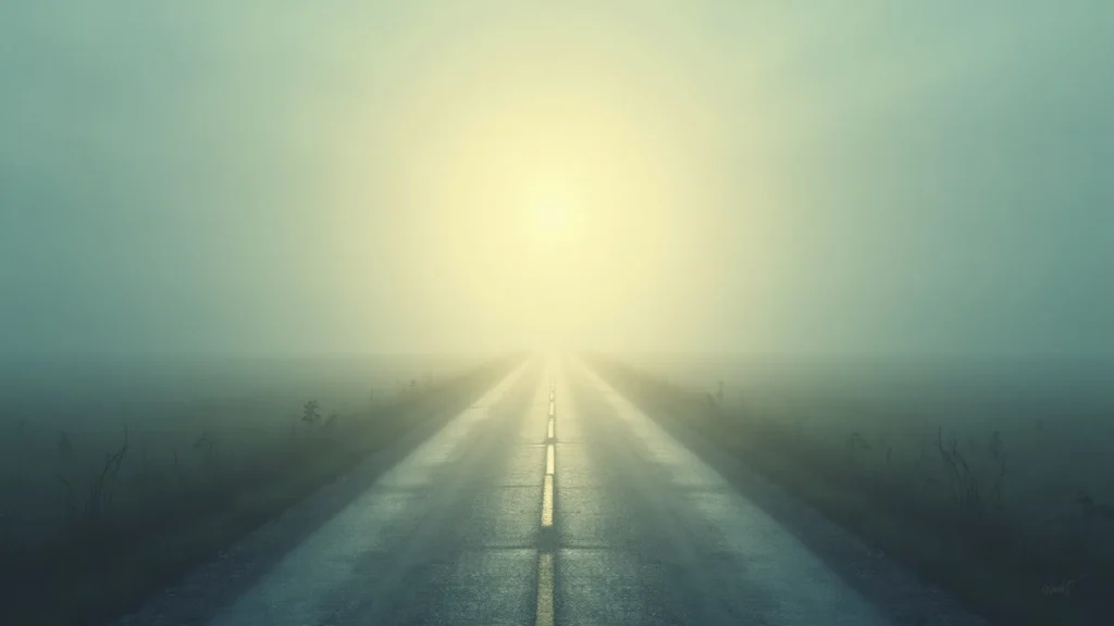 Long, misty road fading into a bright, golden light ahead; a surreal, foggy landscape with a single center line stretch into the horizon.