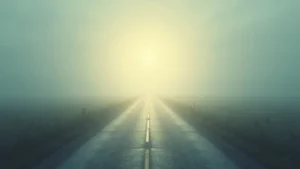 Long, misty road fading into a bright, golden light ahead; a surreal, foggy landscape with a single center line stretch into the horizon.