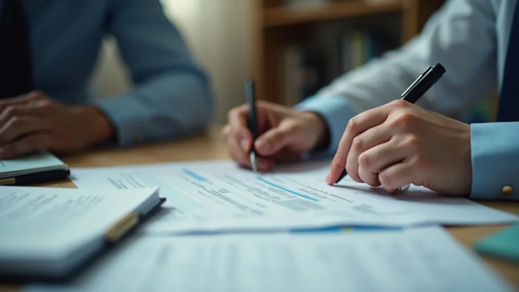 Two people sign documents at a desk, close-up of hands with pens over papers and a tablet nearby.