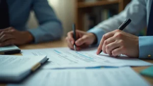 Two people sign documents at a desk, close-up of hands with pens over papers and a tablet nearby.