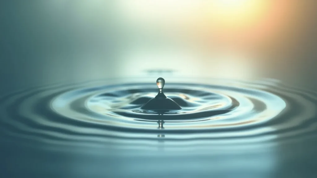 Close-up of a single water droplet just above a ripple on a calm surface with a soft teal-to-gold background.