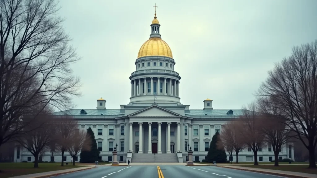 State capitol building with a gold dome and columned façade framed by bare trees along a street.