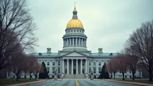 State capitol building with a gold dome and columned façade framed by bare trees along a street.