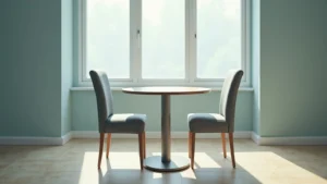 Two gray upholstered dining chairs with wooden legs sit on either side of a round table by a large sunlit window in a pale room.