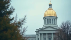 White neoclassical government building with a prominent gold dome, framed by trees against a pale blue sky.