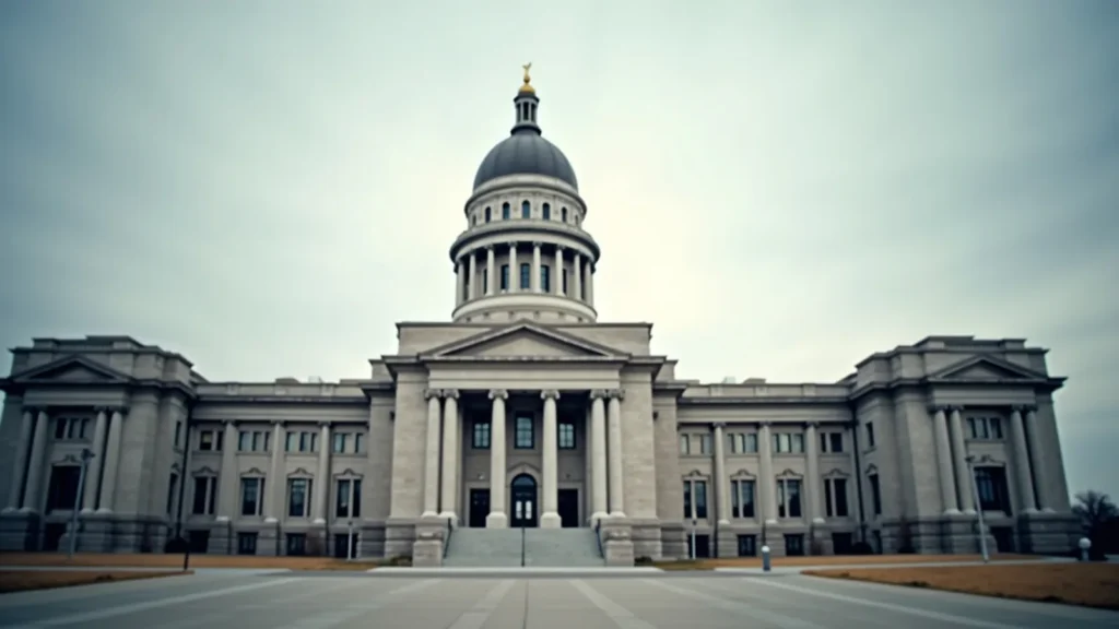 Front view of a neoclassical government building with a central dome and tall columns.