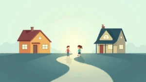 Two children stand on a curved path between a yellow-orange house and a blue-gray house as the sun rises behind them.