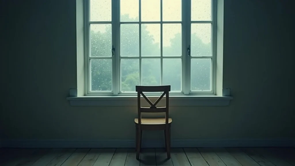 Wooden chair centered in a dim room facing a large rain-speckled window outside light filters in.