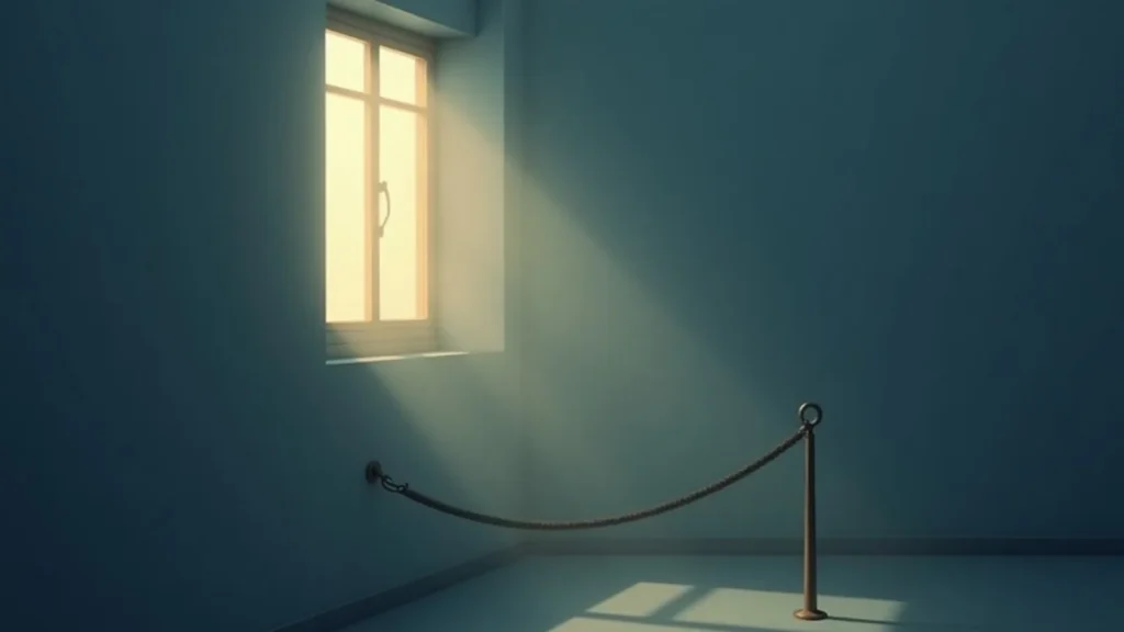 Sparse blue room with sunlight streaming through a small window, casting a beam on the wall; a rope barrier stands near the corner.