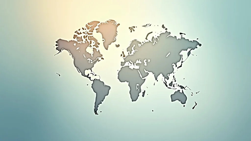 Silhouette of a world map with continents in gray on a pale yellow–blue gradient background.