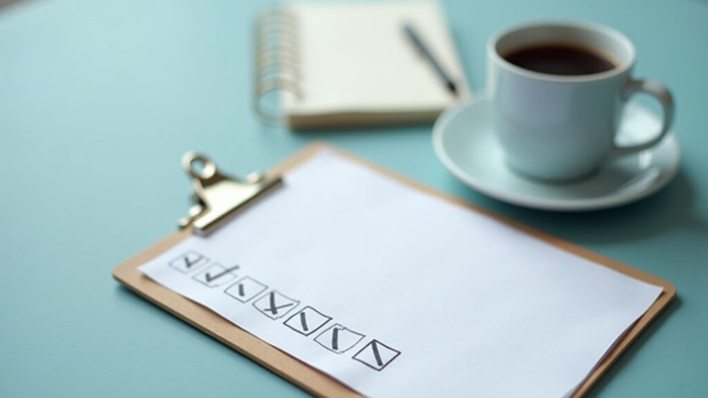 Clipboard with a checklist and blank page, a notebook, and a cup of coffee on a teal surface.