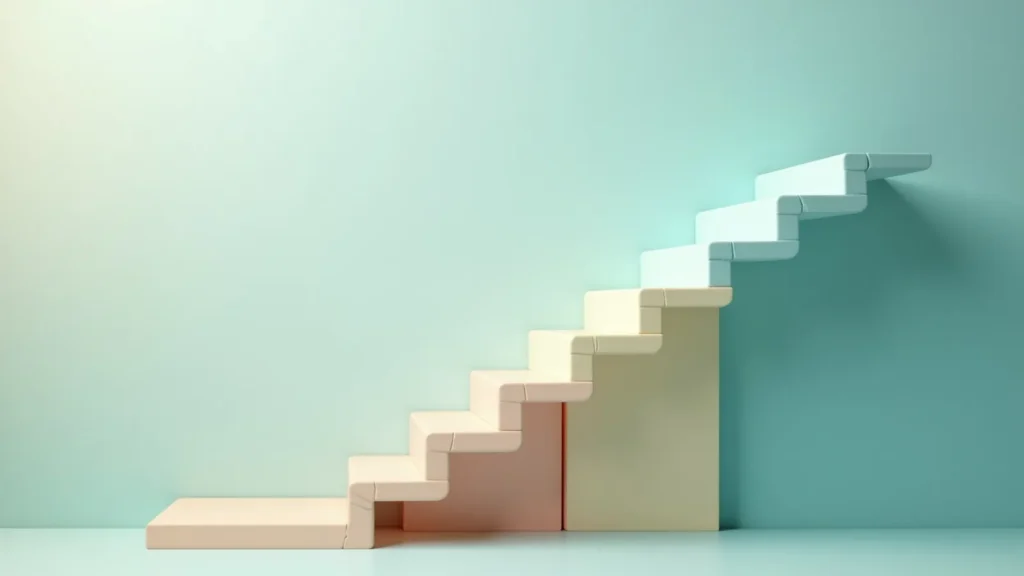 Pastel-colored staircase rising to the right, symbolizing progress or growth against a soft gradient background.