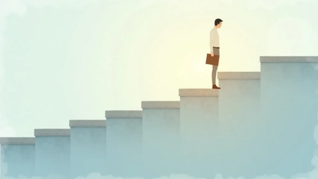 Person wearing business attire stands on a stepped staircase with a briefcase, looking ahead toward higher steps (career progress).