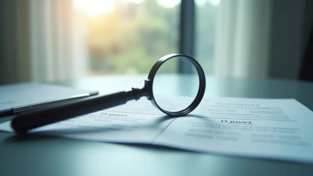 Magnifying glass resting on documents on a desk, suggesting examination or investigation.