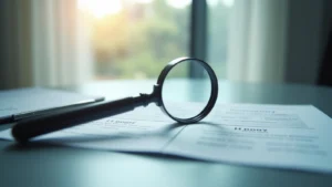 Magnifying glass resting on documents on a desk, suggesting examination or investigation.