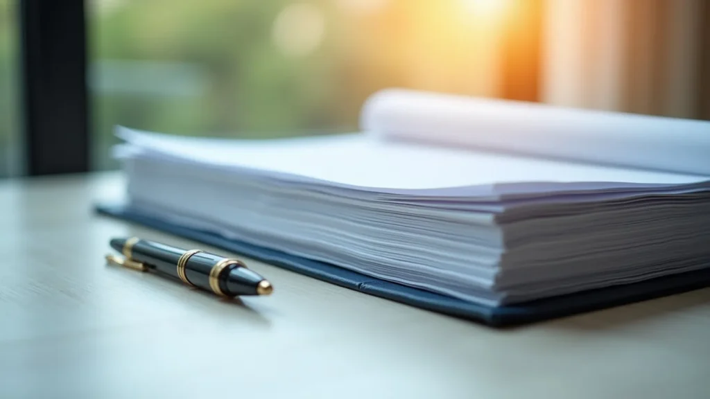 Stack of loose papers on a desk with a black and gold pen in the foreground, sunlight streaming in from the right.