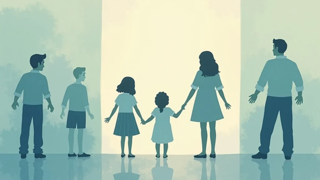 Family of six standing hand in hand before a bright doorway, symbolizing a new beginning or transition.